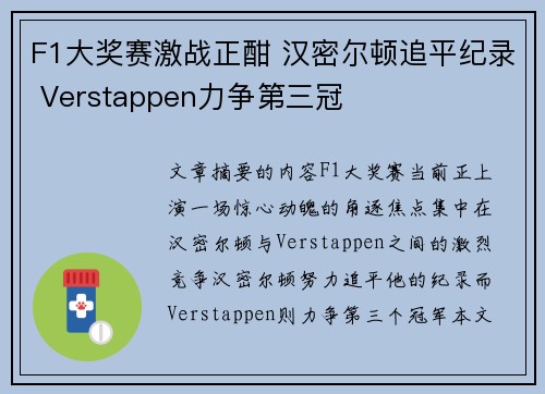 F1大奖赛激战正酣 汉密尔顿追平纪录 Verstappen力争第三冠